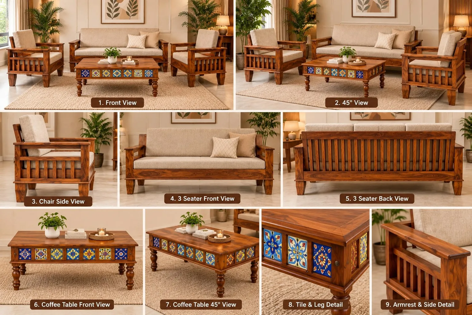 Sofa set and coffee table — multi-angle reference sheet