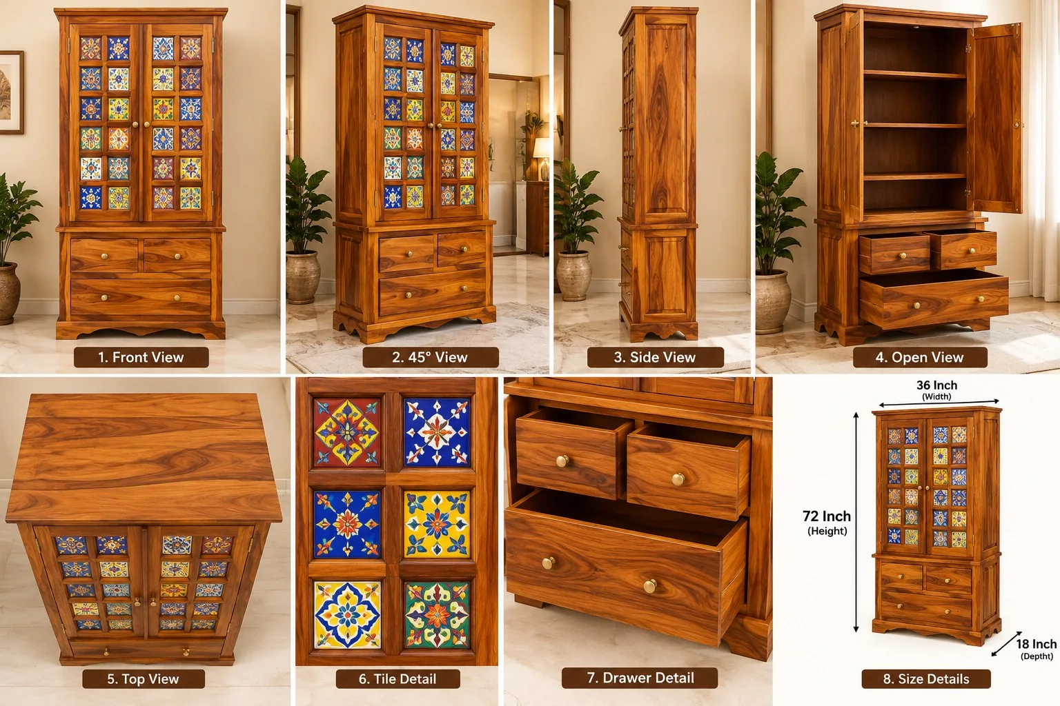 Wardrobe, design 2 (tile front with drawers) — multi-angle reference sheet