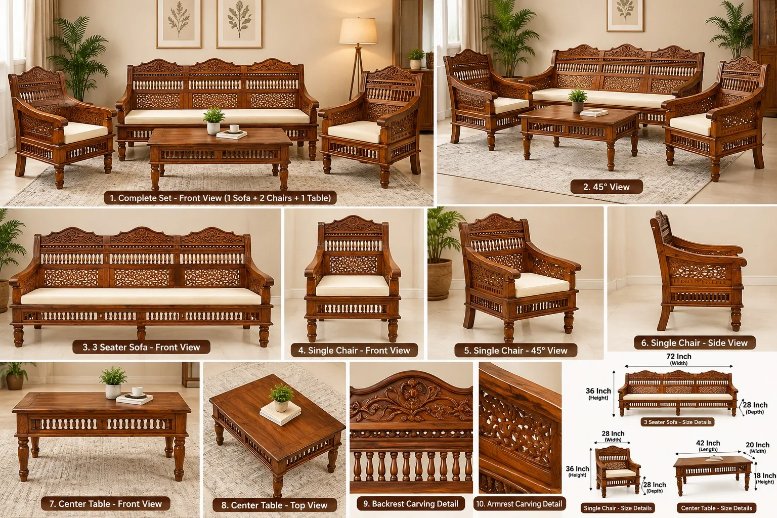 Sofa set and centre table — multi-angle reference sheet