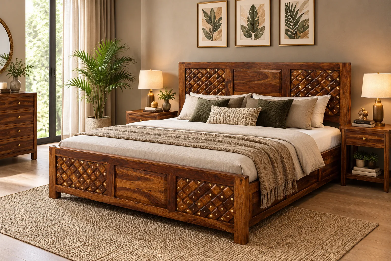 Royal Finish Furniture King Size Solid Sheesham Wood Bed with Decorative Brass Inlay, Honey Brown Finish sheesham wood bed image 2