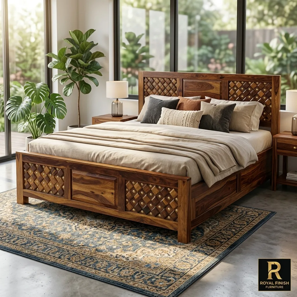 Royal Finish Furniture King Size Solid Sheesham Wood Bed with Decorative Brass Inlay, Honey Brown Finish sheesham wood bed image 3