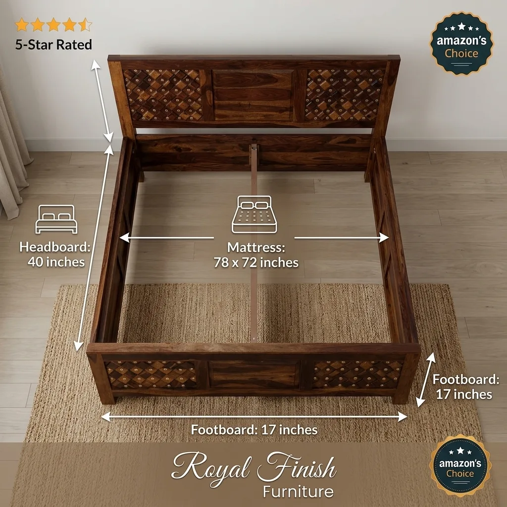 Royal Finish Furniture King Size Solid Sheesham Wood Bed with Decorative Brass Inlay, Honey Brown Finish sheesham wood bed image 4