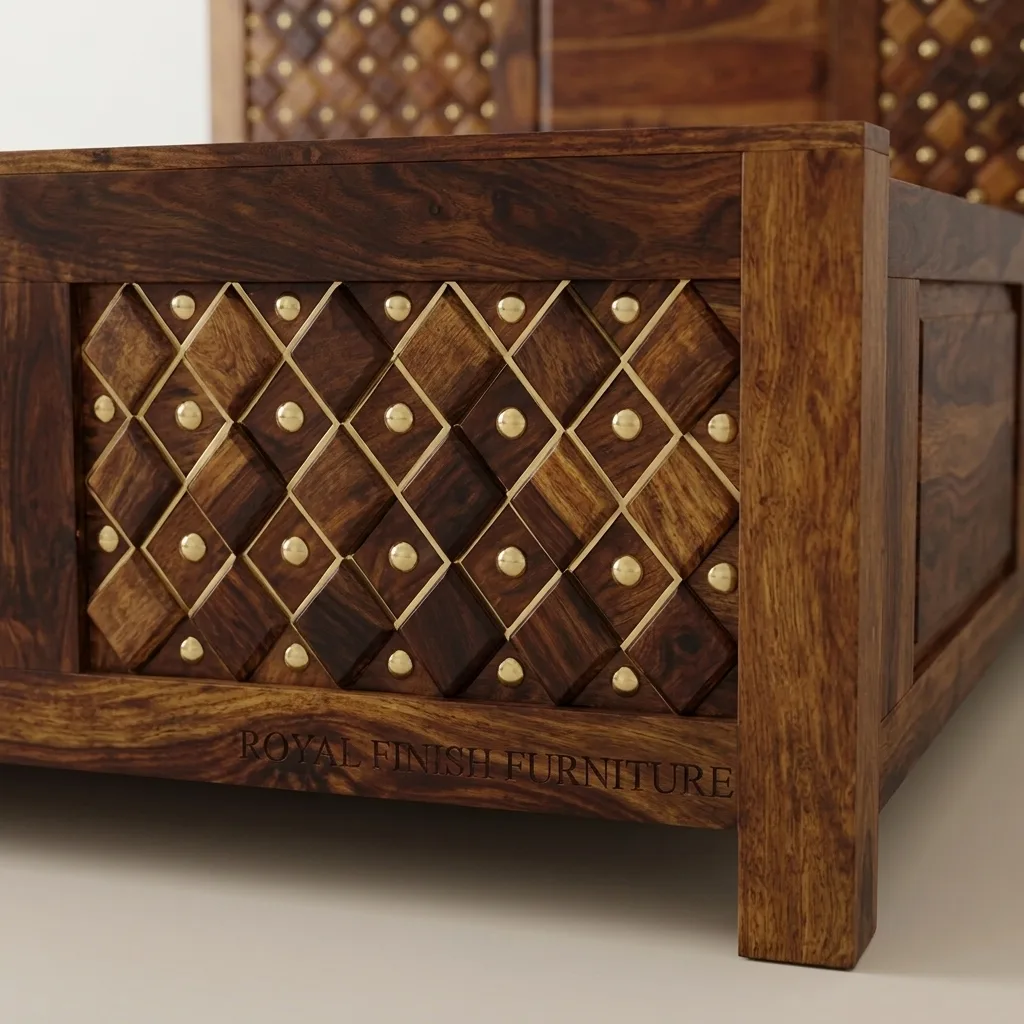 Royal Finish Furniture King Size Solid Sheesham Wood Bed with Decorative Brass Inlay, Honey Brown Finish sheesham wood bed image 5