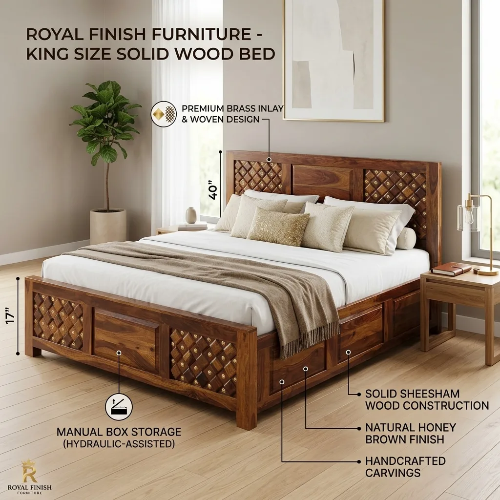 Royal Finish Furniture King Size Solid Sheesham Wood Bed with Decorative Brass Inlay, Honey Brown Finish sheesham wood bed image 7