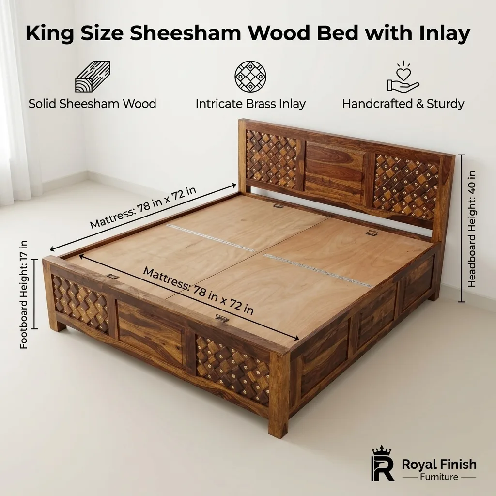 Royal Finish Furniture King Size Solid Sheesham Wood Bed with Decorative Brass Inlay, Honey Brown Finish sheesham wood bed image 8