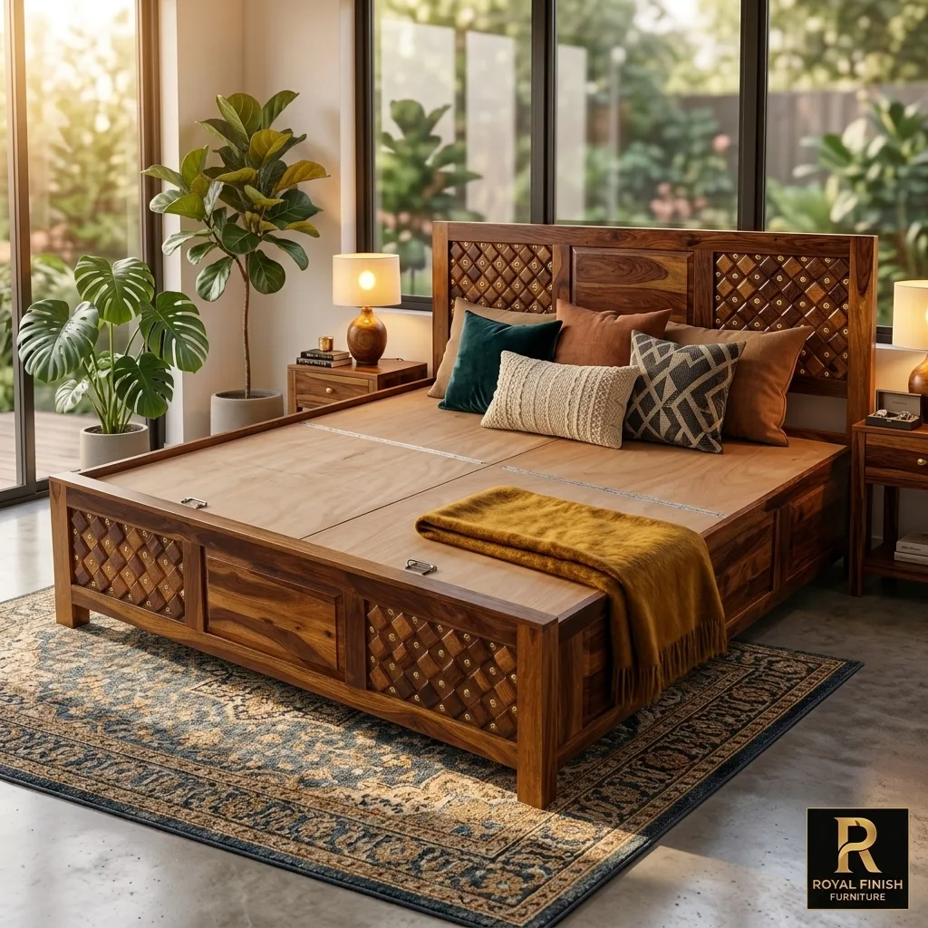 Royal Finish Furniture King Size Solid Sheesham Wood Bed with Decorative Brass Inlay, Honey Brown Finish sheesham wood bed image 9
