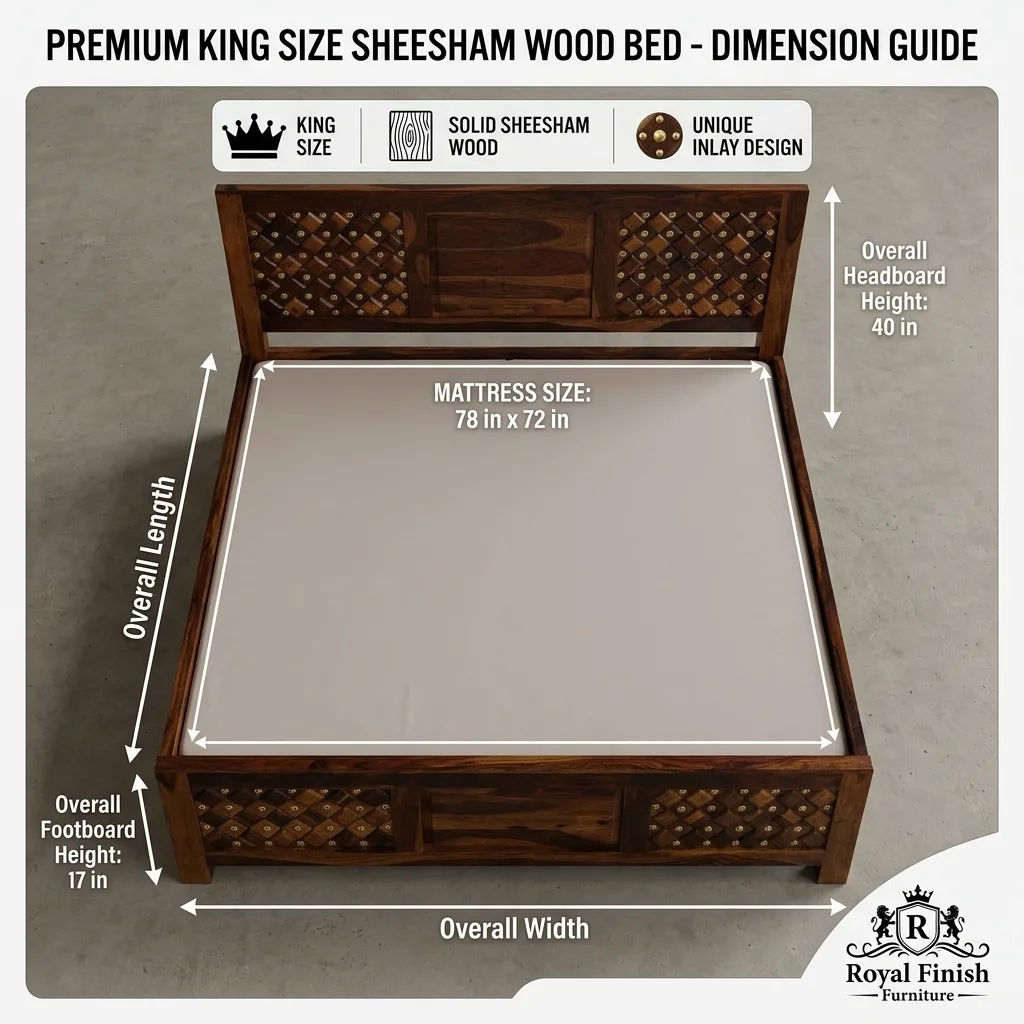 Royal Finish Furniture King Size Solid Sheesham Wood Bed with Decorative Brass Inlay, Honey Brown Finish sheesham wood bed image 10