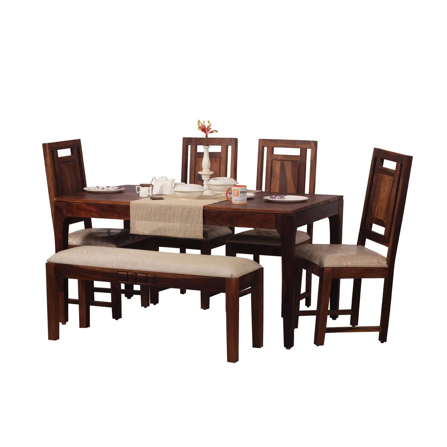 Royal Finish CuisineCraft Nivora 4 Chair & 1 Bench Dining Set in Natural sheesham dining table image 2