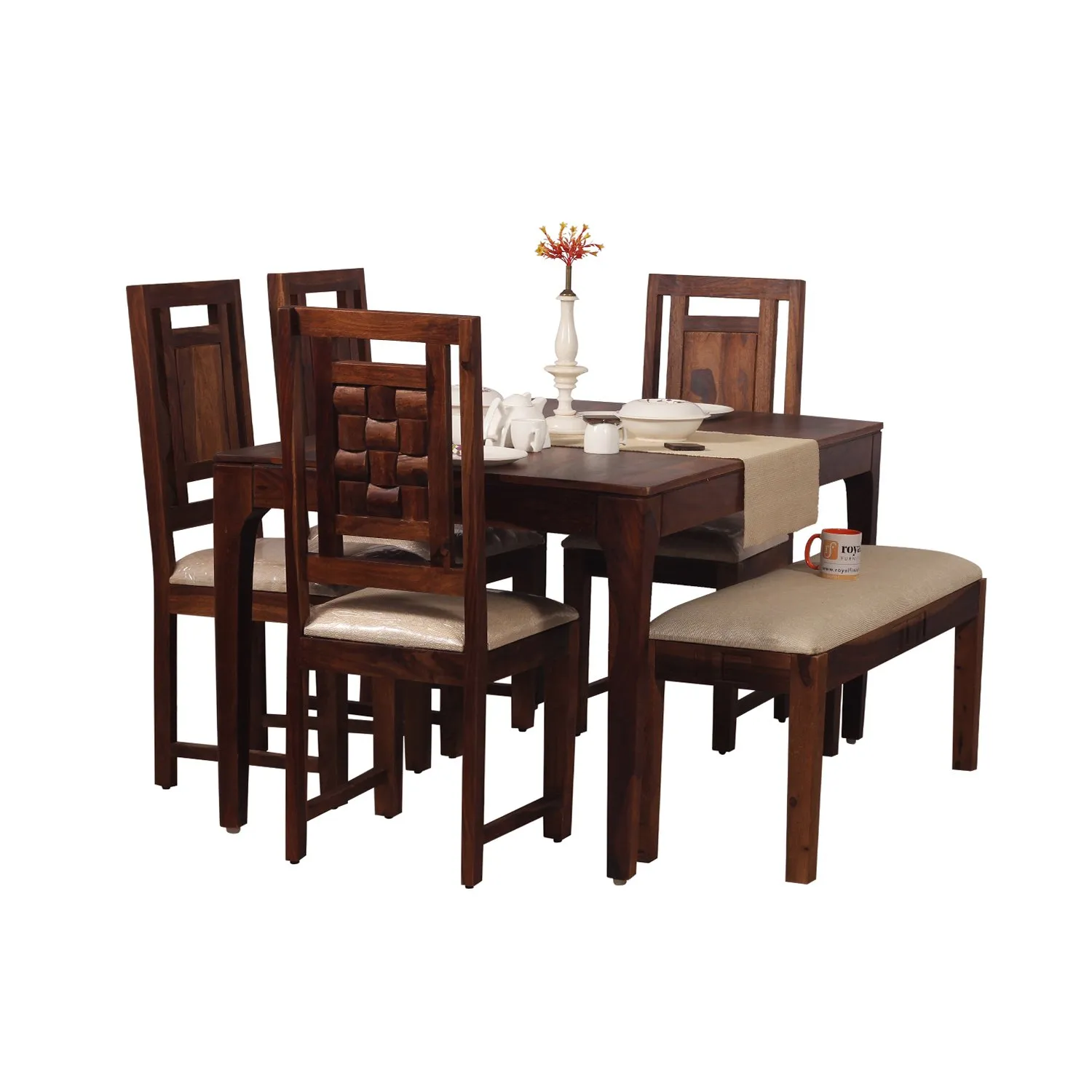Royal Finish CuisineCraft Nivora 4 Chair & 1 Bench Dining Set in Natural sheesham dining table image 3
