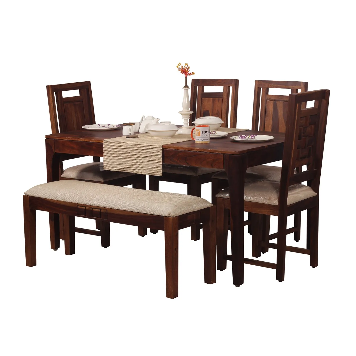 Royal Finish CuisineCraft Nivora 4 Chair & 1 Bench Dining Set in Natural sheesham dining table image 4