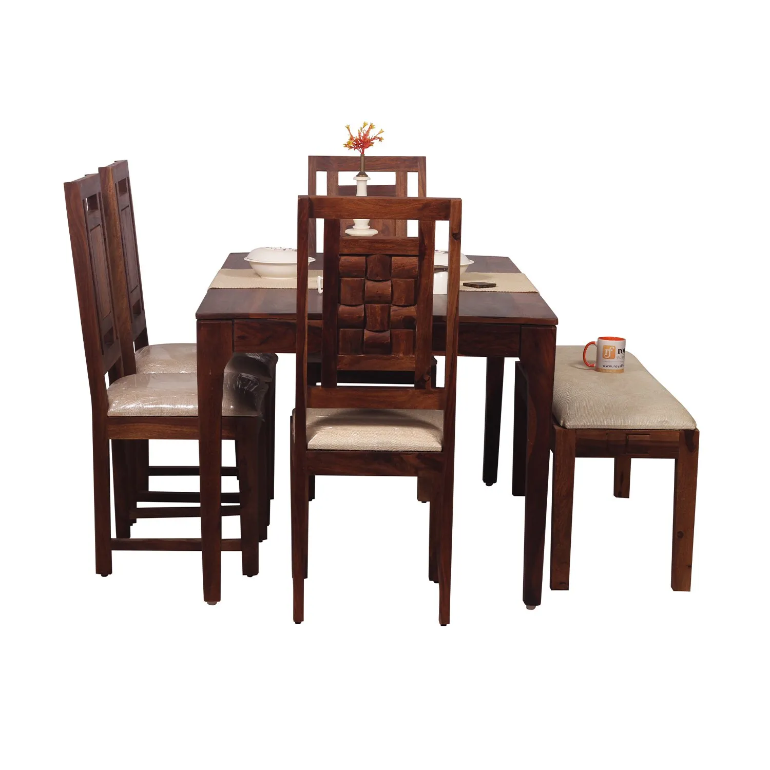 Royal Finish CuisineCraft Nivora 4 Chair & 1 Bench Dining Set in Natural sheesham dining table image 5