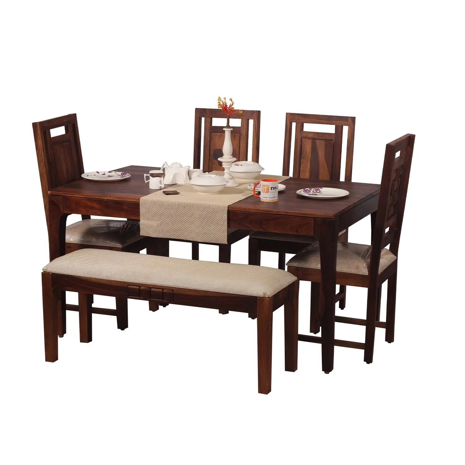 Royal Finish CuisineCraft Nivora 4 Chair & 1 Bench Dining Set in Natural sheesham dining table image 8