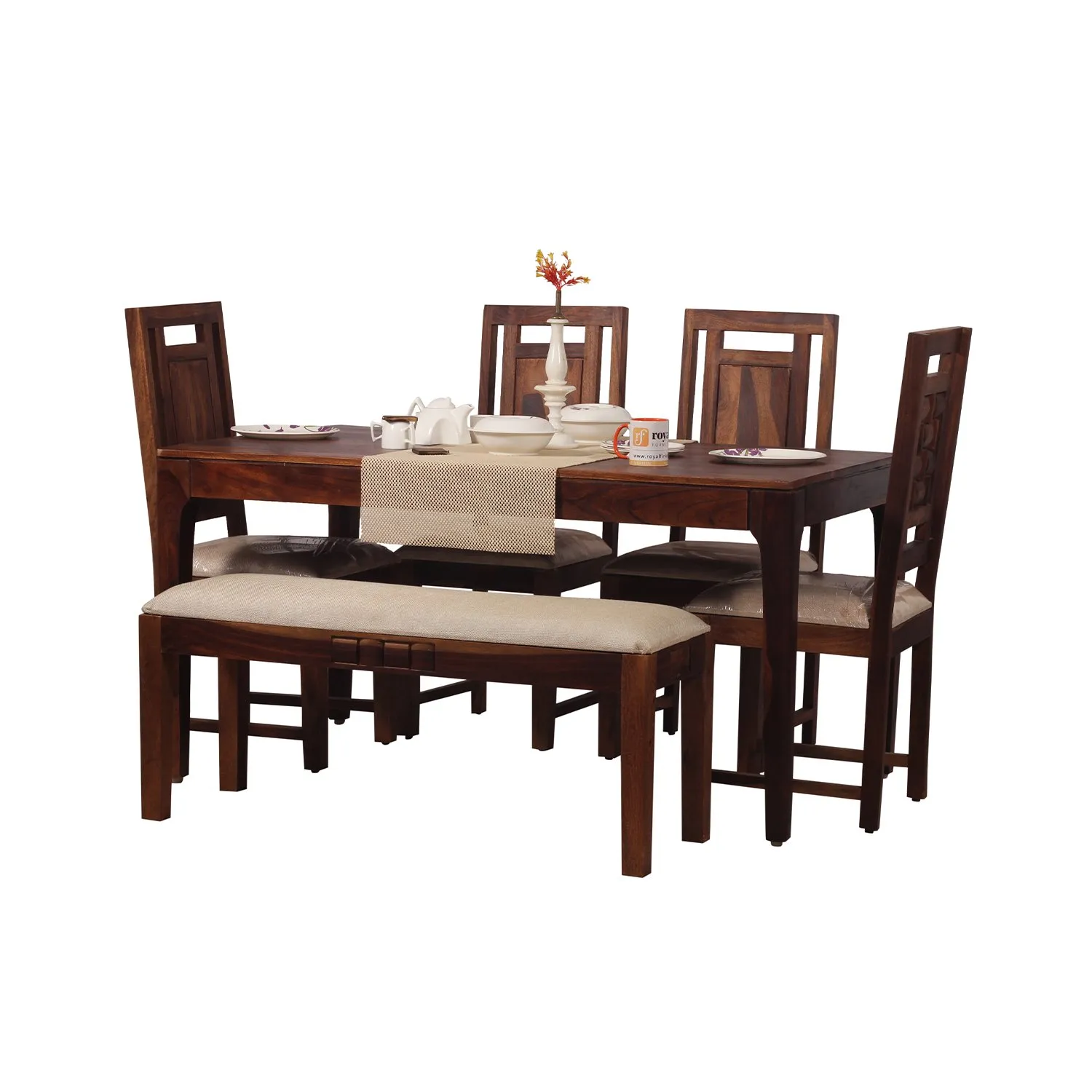 Royal Finish CuisineCraft Nivora 4 Chair & 1 Bench Dining Set in Natural sheesham dining table image 10