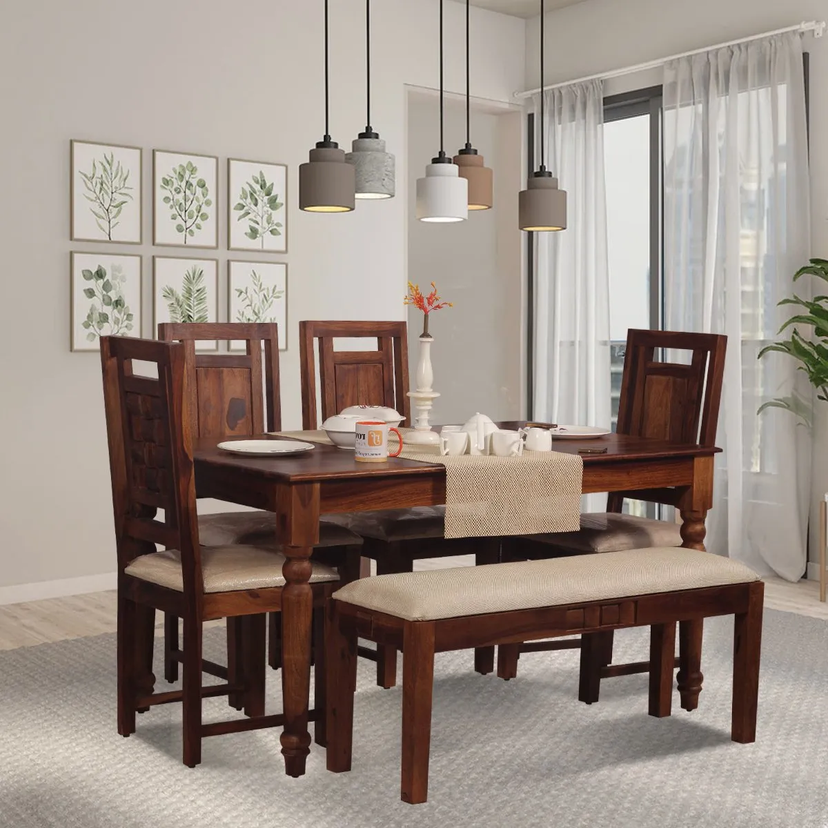 Royal Finish Artisan Nivora 4 Chair & 1 Bench Dining Set in Natural Colour