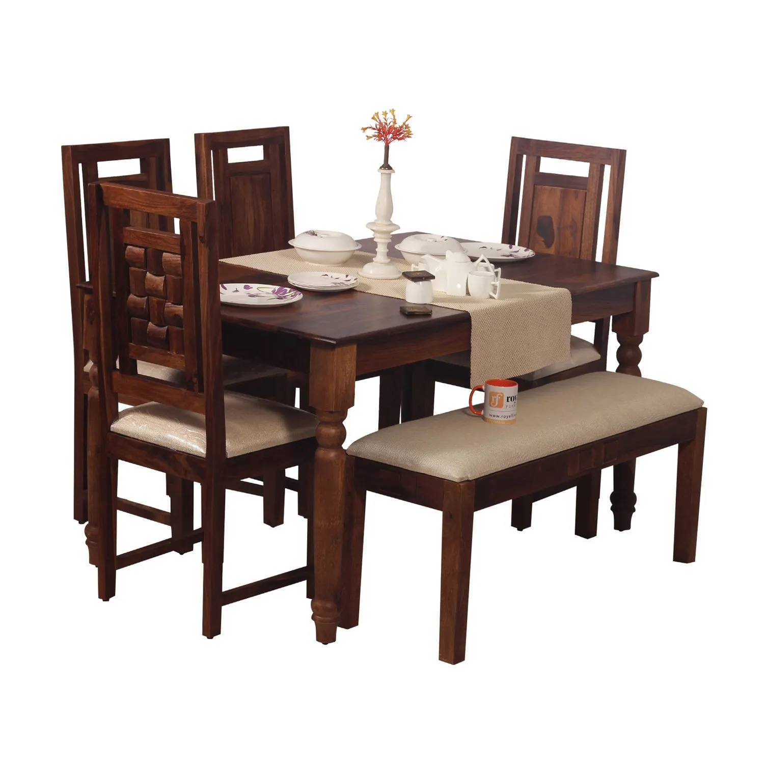 Royal Finish Artisan Nivora 4 Chair & 1 Bench Dining Set in Natural Colour sheesham dining table image 3