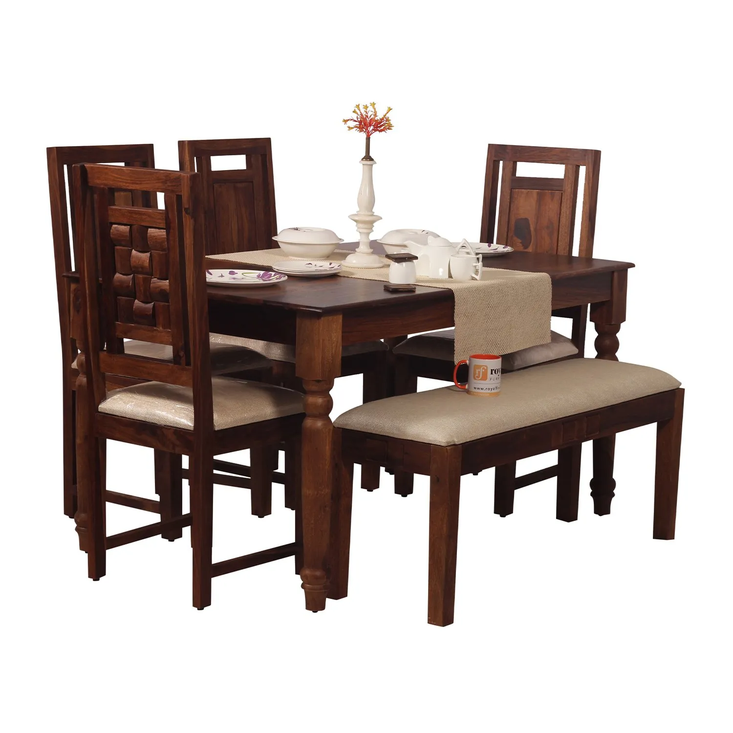 Royal Finish Artisan Nivora 4 Chair & 1 Bench Dining Set in Natural Colour sheesham dining table image 4
