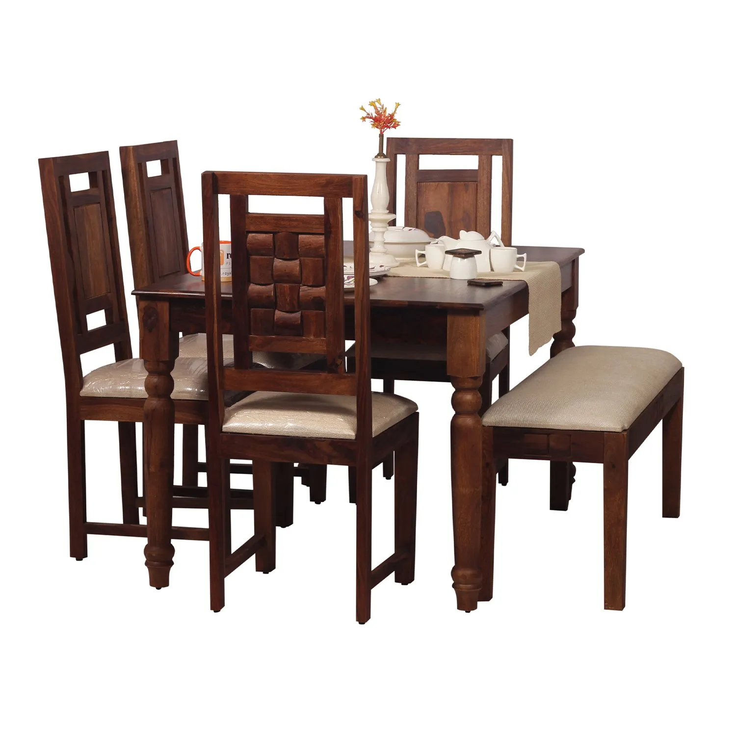 Royal Finish Artisan Nivora 4 Chair & 1 Bench Dining Set in Natural Colour sheesham dining table image 5