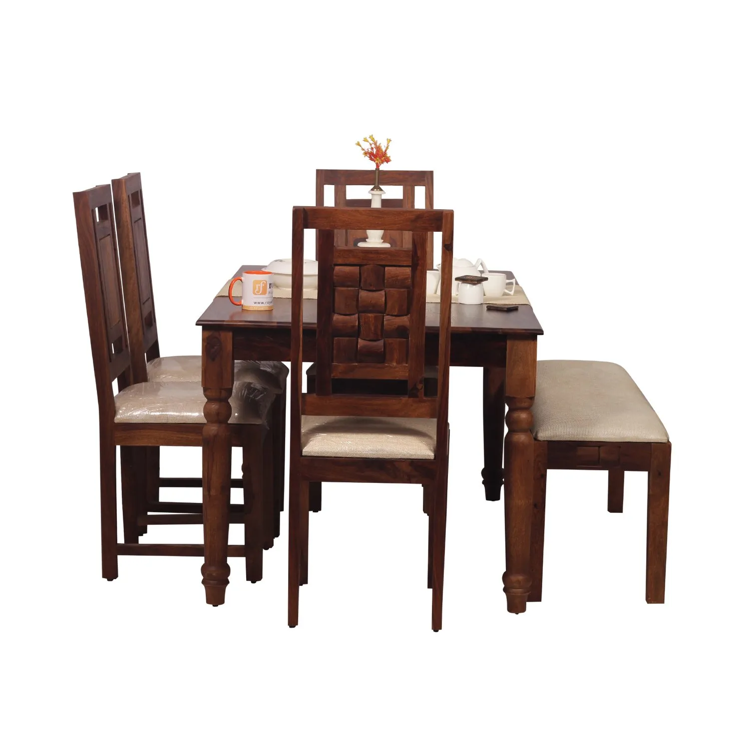 Royal Finish Artisan Nivora 4 Chair & 1 Bench Dining Set in Natural Colour sheesham dining table image 6