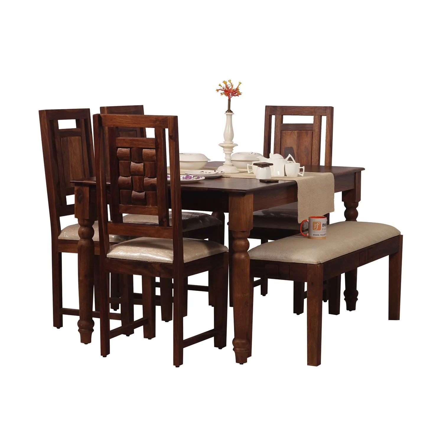Royal Finish Artisan Nivora 4 Chair & 1 Bench Dining Set in Natural Colour sheesham dining table image 7