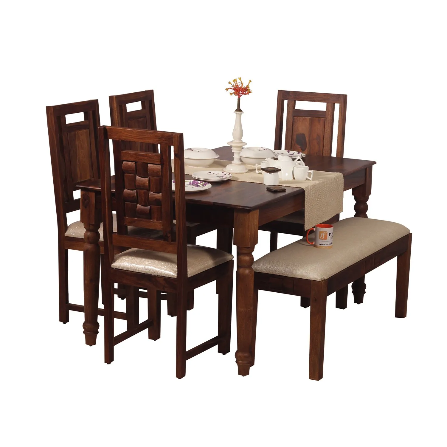 Royal Finish Artisan Nivora 4 Chair & 1 Bench Dining Set in Natural Colour sheesham dining table image 8