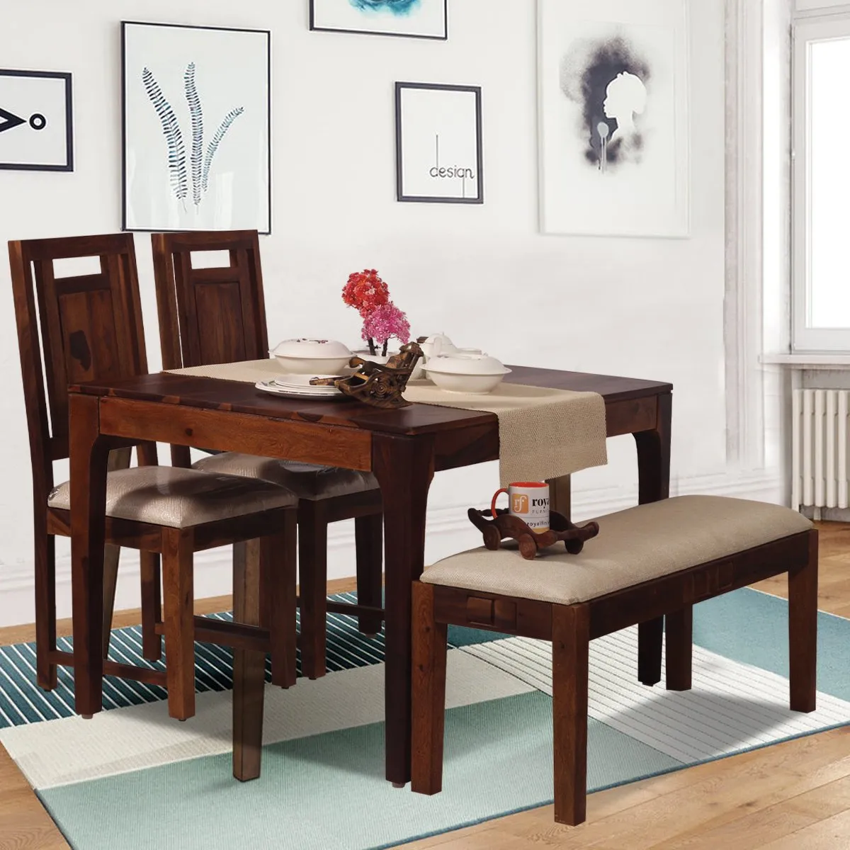 Royal Finish CuisineCraft Nivora 2 Chair & 1 Bench Dining Set in Natural Colour