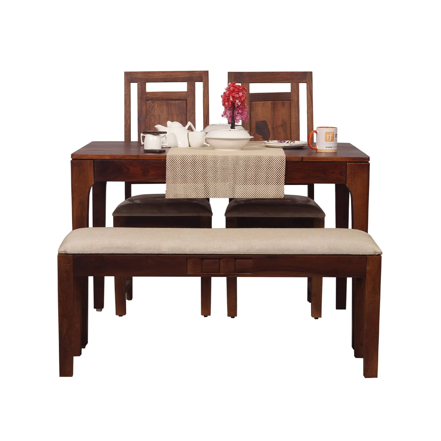 Royal Finish CuisineCraft Nivora 2 Chair & 1 Bench Dining Set in Natural Colour sheesham dining table image 2