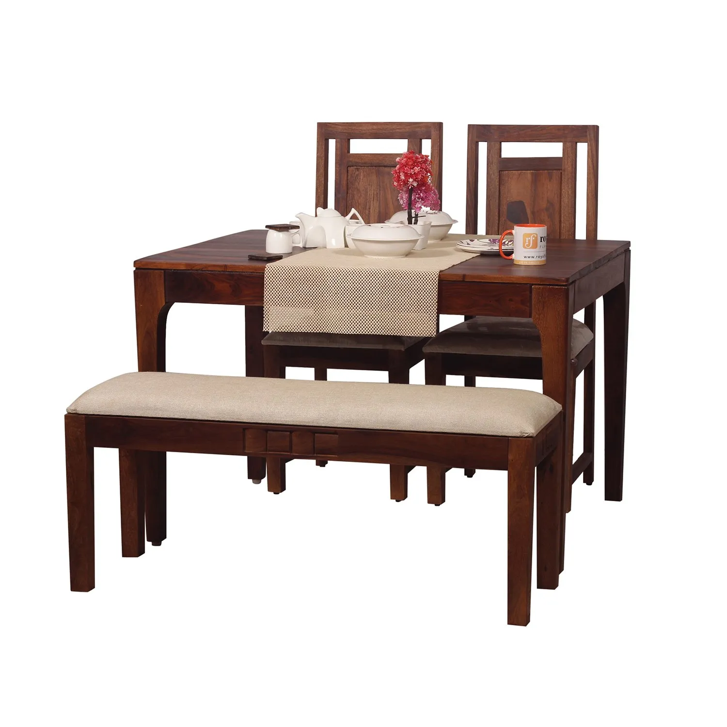 Royal Finish CuisineCraft Nivora 2 Chair & 1 Bench Dining Set in Natural Colour sheesham dining table image 3