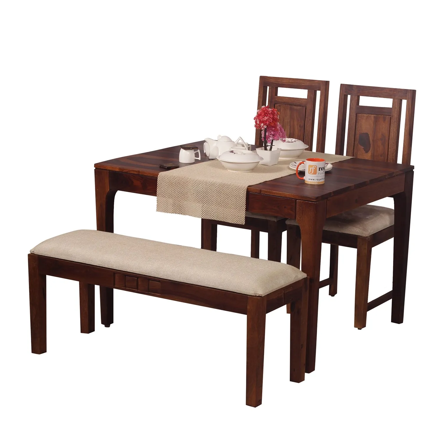 Royal Finish CuisineCraft Nivora 2 Chair & 1 Bench Dining Set in Natural Colour sheesham dining table image 5