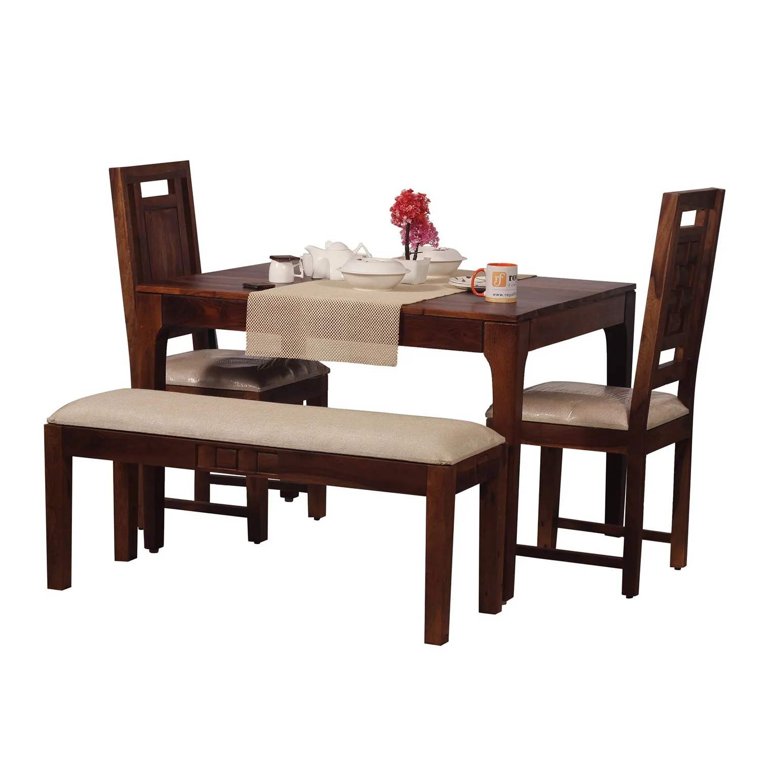 Royal Finish CuisineCraft Nivora 2 Chair & 1 Bench Dining Set in Natural Colour sheesham dining table image 6
