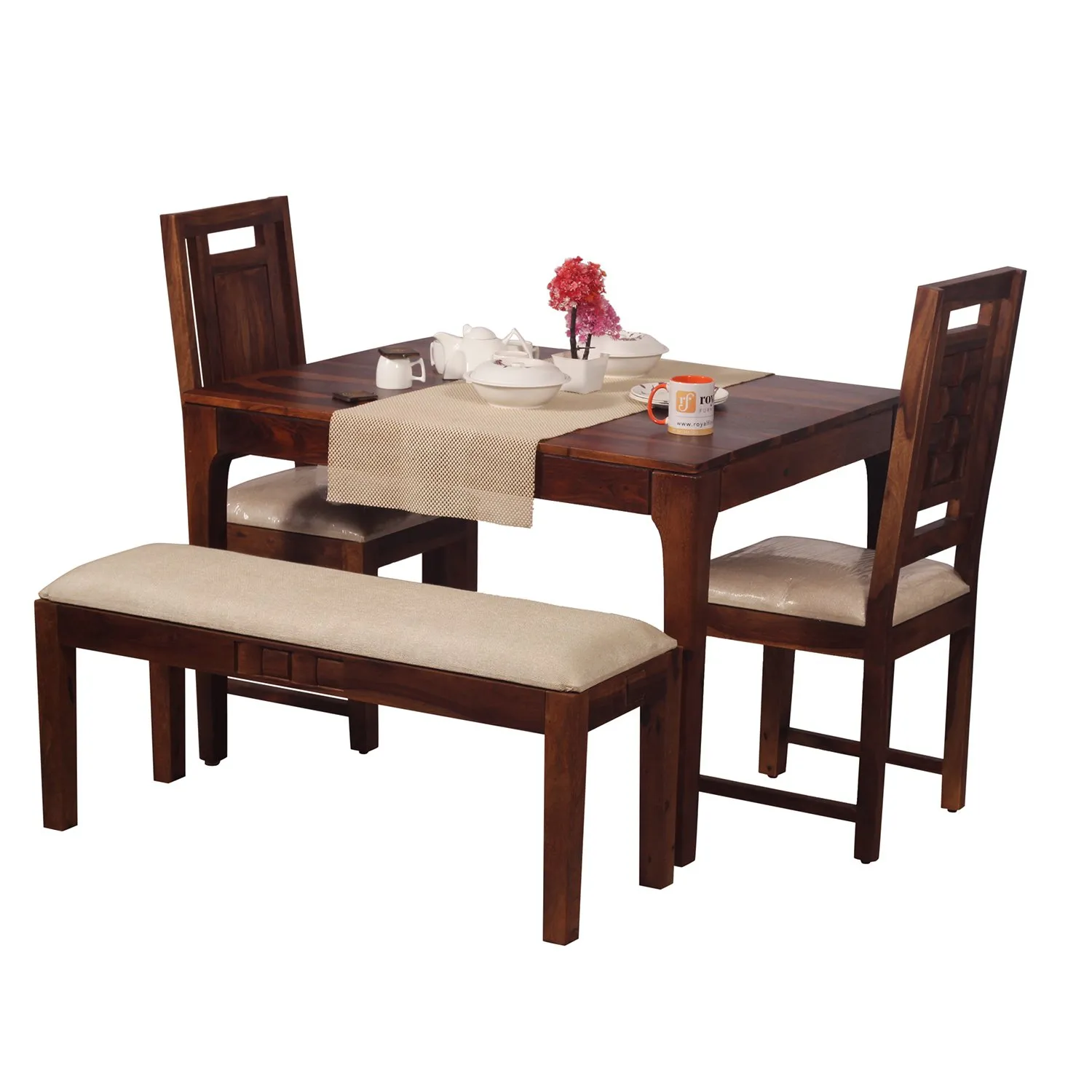 Royal Finish CuisineCraft Nivora 2 Chair & 1 Bench Dining Set in Natural Colour sheesham dining table image 7