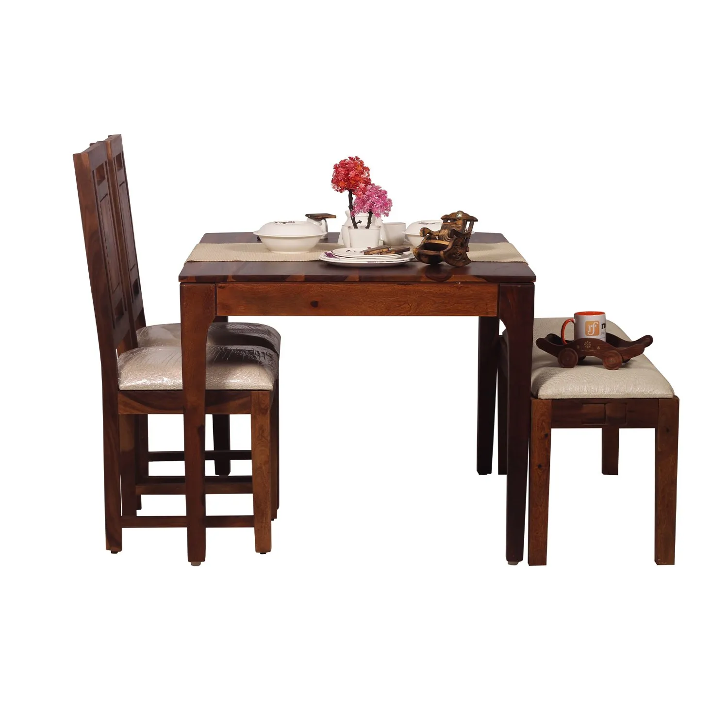 Royal Finish CuisineCraft Nivora 2 Chair & 1 Bench Dining Set in Natural Colour sheesham dining table image 8