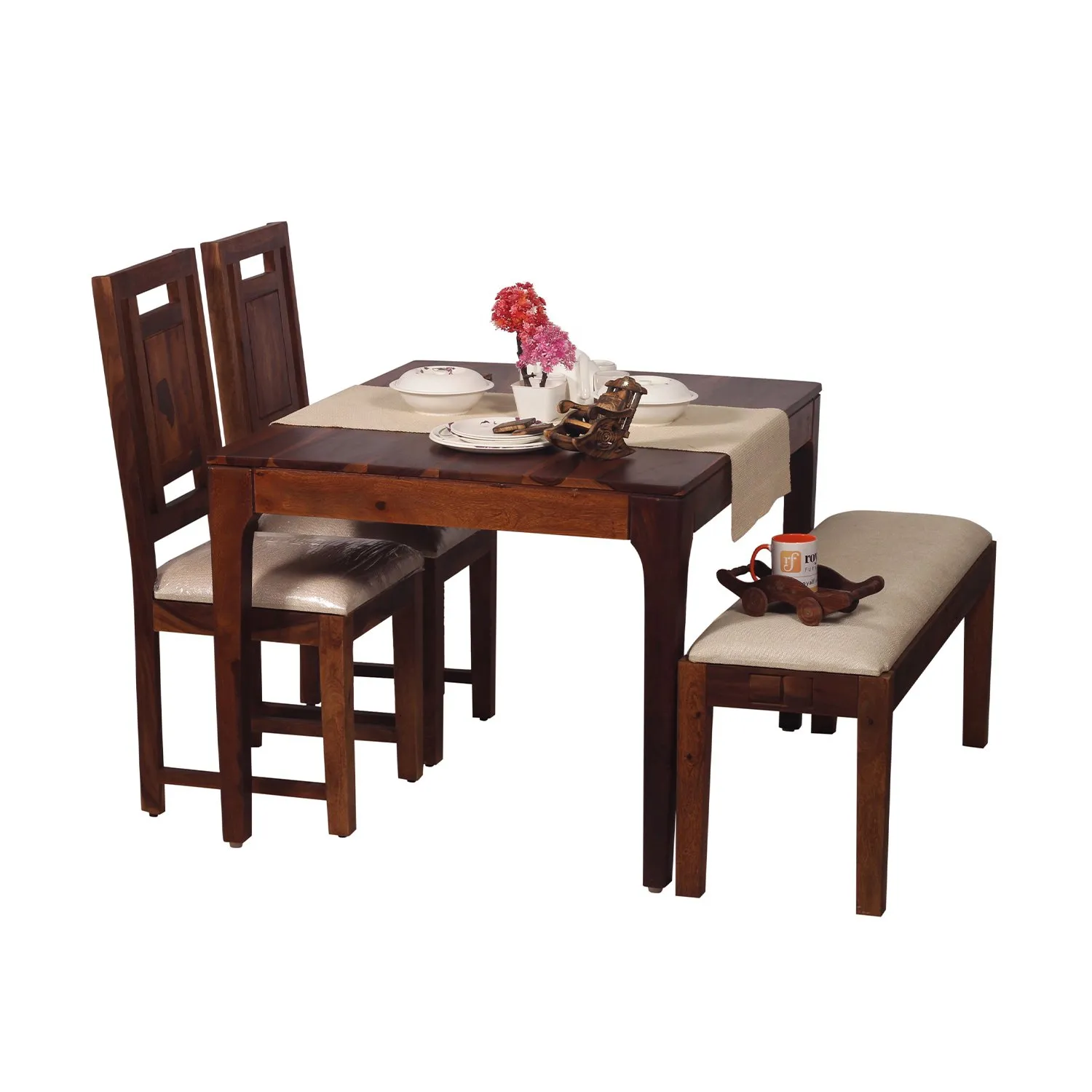 Royal Finish CuisineCraft Nivora 2 Chair & 1 Bench Dining Set in Natural Colour sheesham dining table image 9