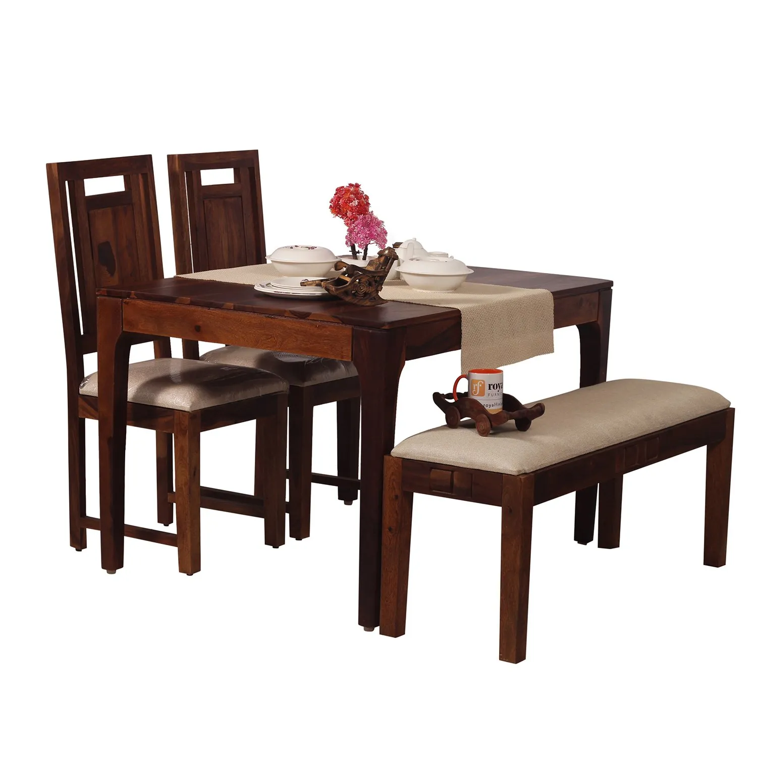 Royal Finish CuisineCraft Nivora 2 Chair & 1 Bench Dining Set in Natural Colour sheesham dining table image 10
