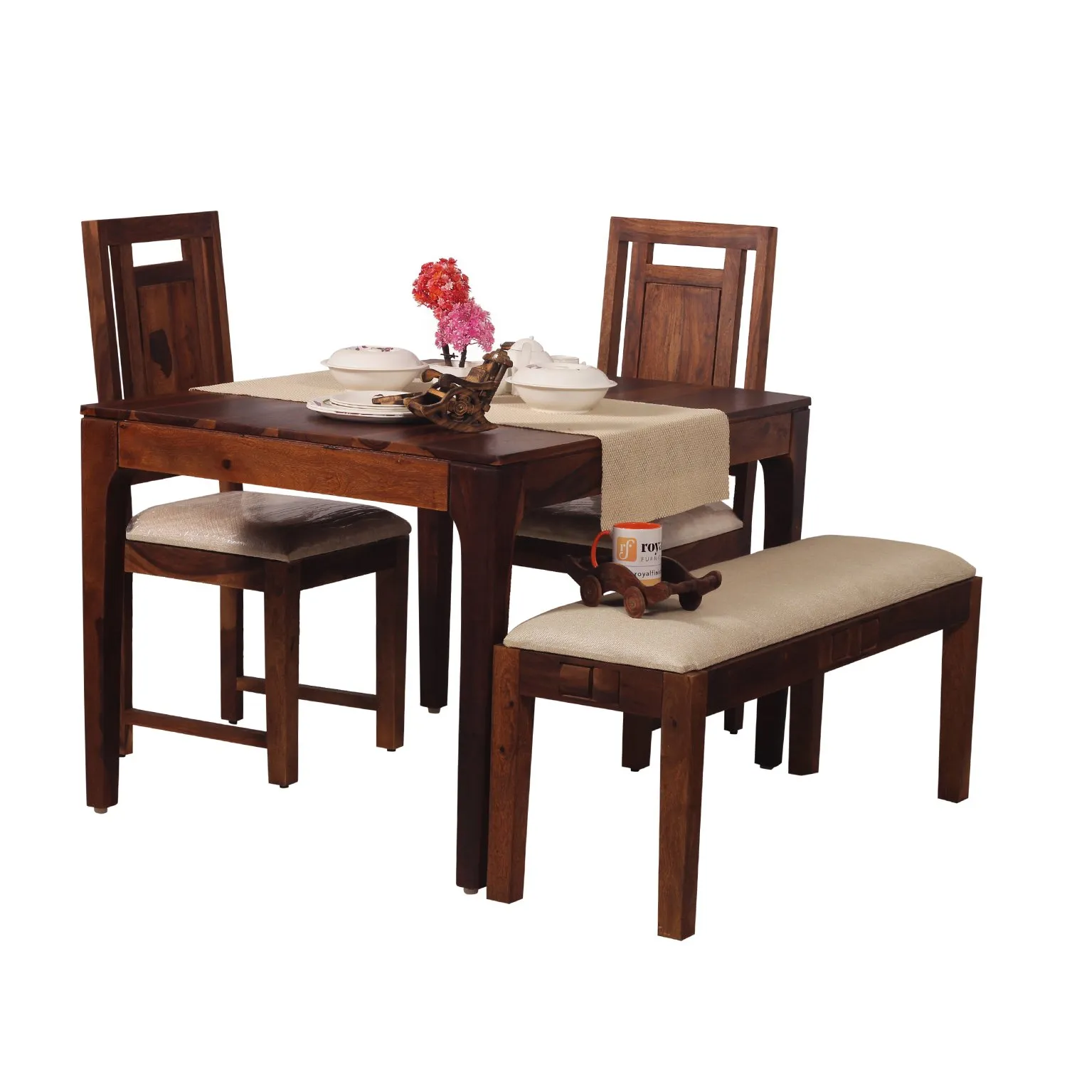 Royal Finish CuisineCraft Nivora 2 Chair & 1 Bench Dining Set in Natural Colour sheesham dining table image 11