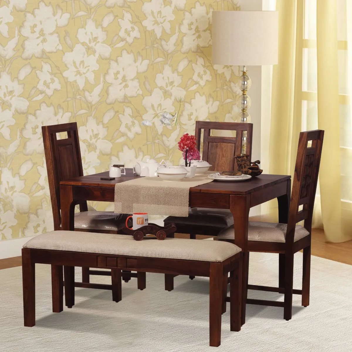 Royal Finish CuisineCraft Nivora 3 Chair & 1 Bench Dining Set in Natural Colour