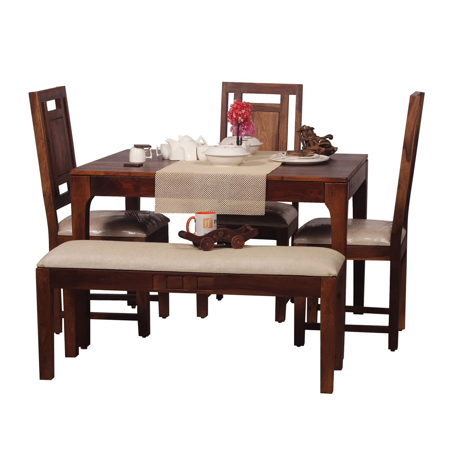 Royal Finish CuisineCraft Nivora 3 Chair & 1 Bench Dining Set in Natural Colour sheesham dining table image 3