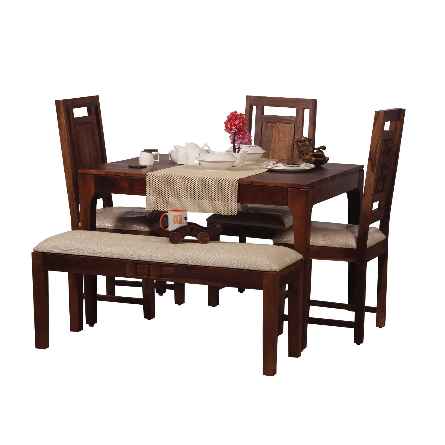 Royal Finish CuisineCraft Nivora 3 Chair & 1 Bench Dining Set in Natural Colour sheesham dining table image 4