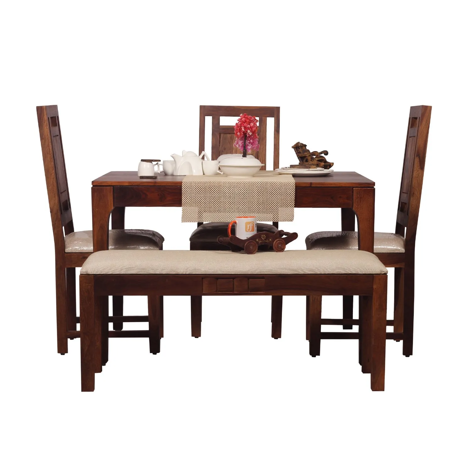 Royal Finish CuisineCraft Nivora 3 Chair & 1 Bench Dining Set in Natural Colour sheesham dining table image 6