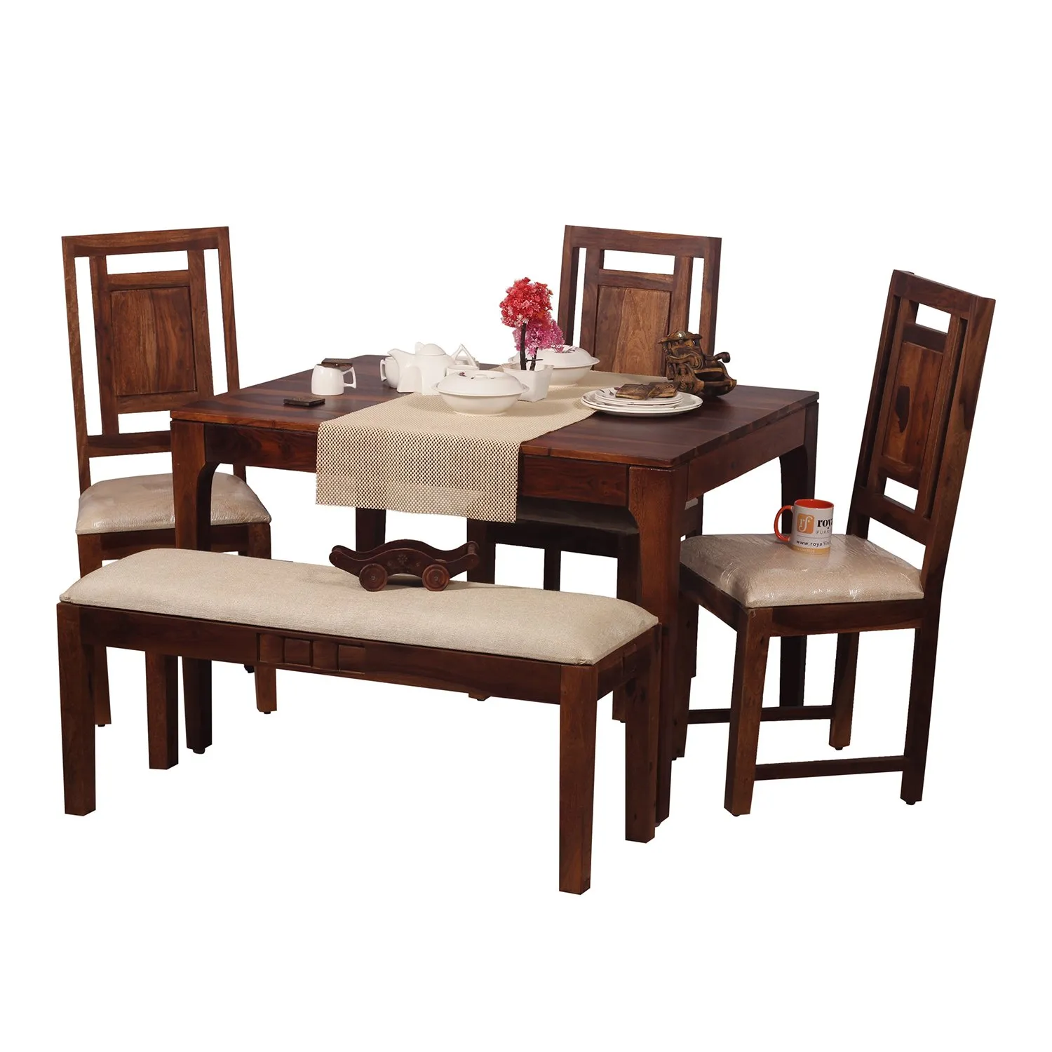 Royal Finish CuisineCraft Nivora 3 Chair & 1 Bench Dining Set in Natural Colour sheesham dining table image 8