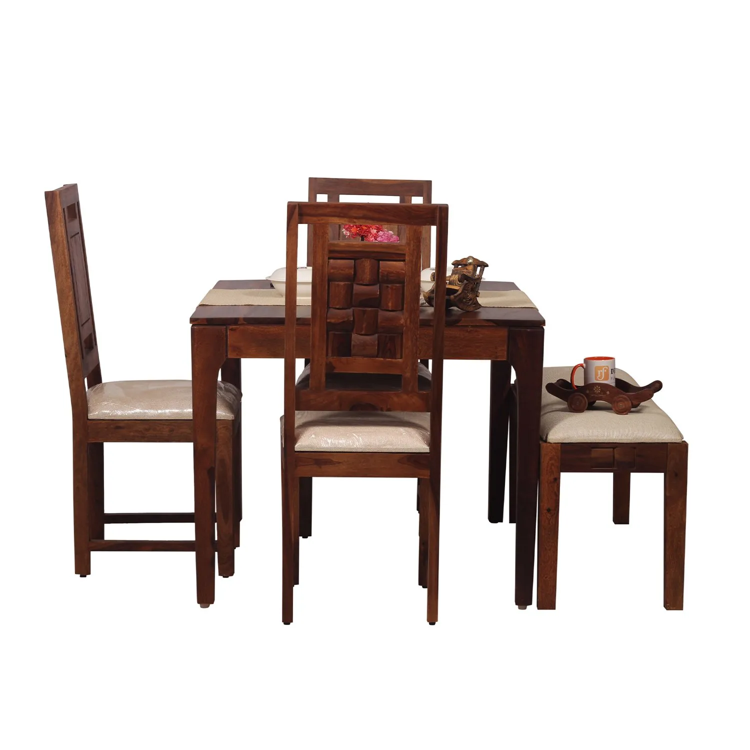 Royal Finish CuisineCraft Nivora 3 Chair & 1 Bench Dining Set in Natural Colour sheesham dining table image 10
