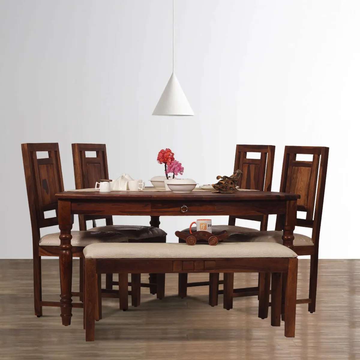 Royal Finish Betel Quid Nivora 4 Chair & 1 Bench Dining Set in Natural Colour