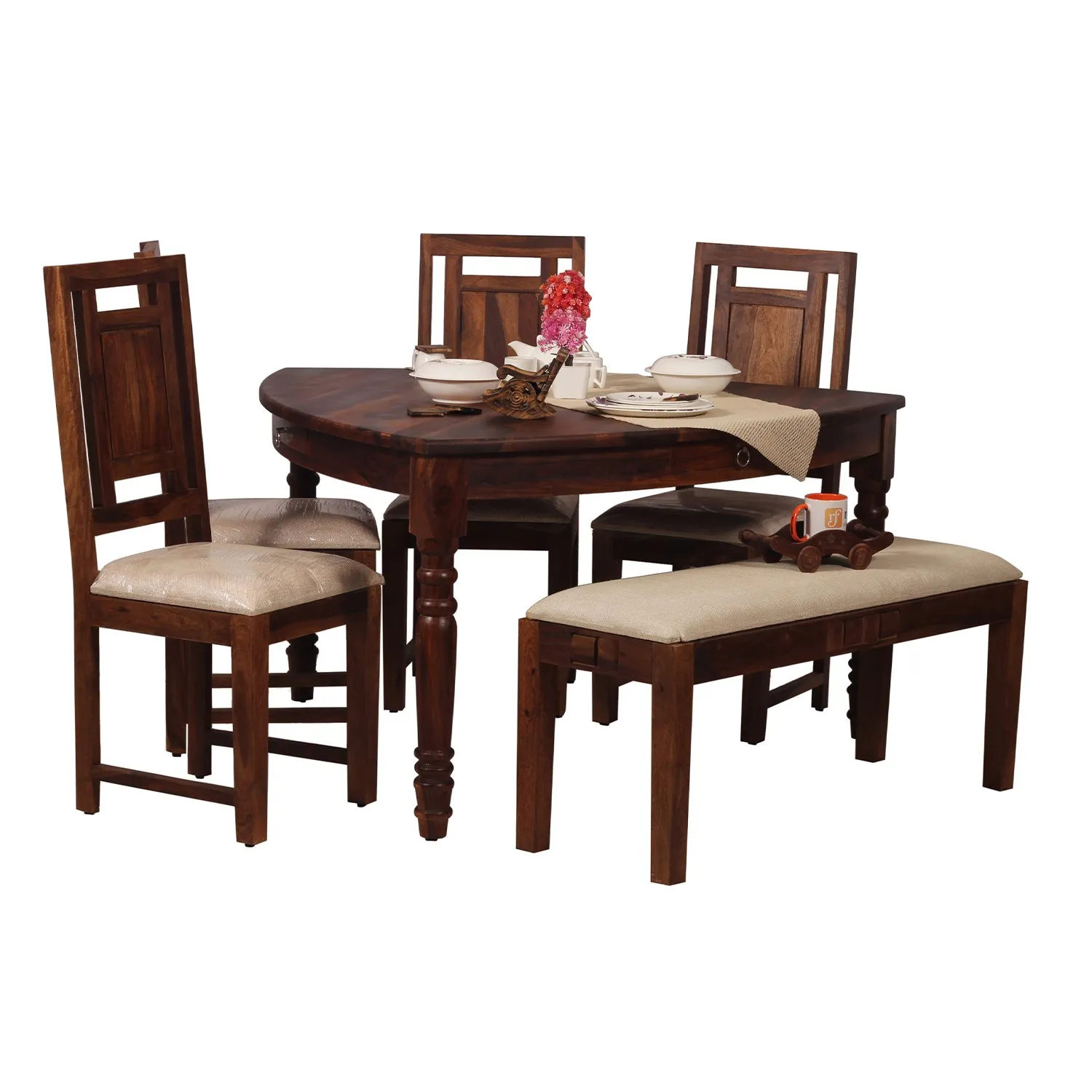 Royal Finish Betel Quid Nivora 4 Chair & 1 Bench Dining Set in Natural Colour sheesham dining table image 3