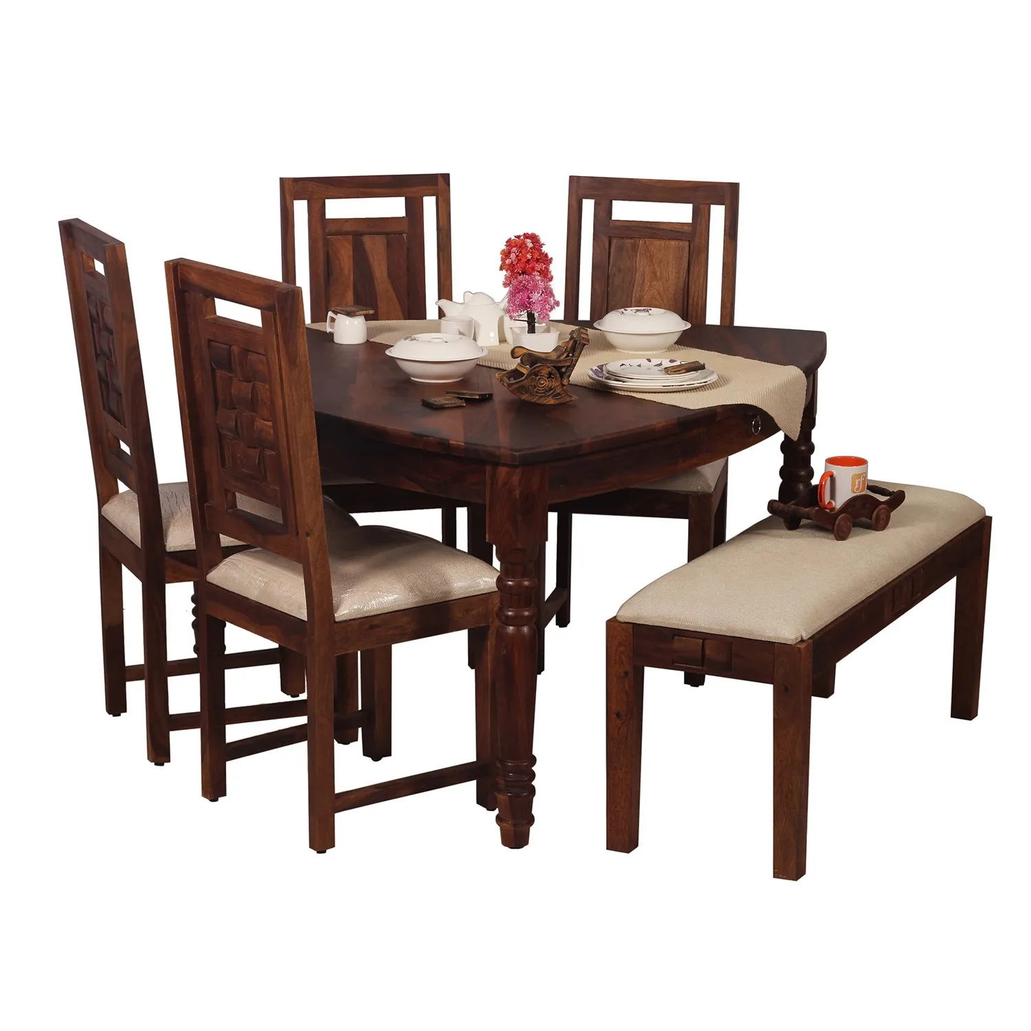 Royal Finish Betel Quid Nivora 4 Chair & 1 Bench Dining Set in Natural Colour sheesham dining table image 4