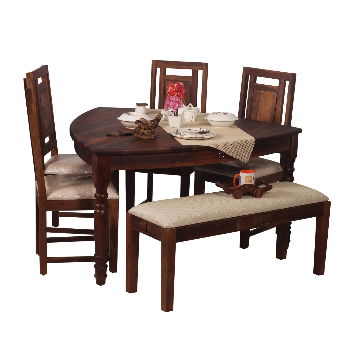 Royal Finish Betel Quid Nivora 4 Chair & 1 Bench Dining Set in Natural Colour sheesham dining table image 5