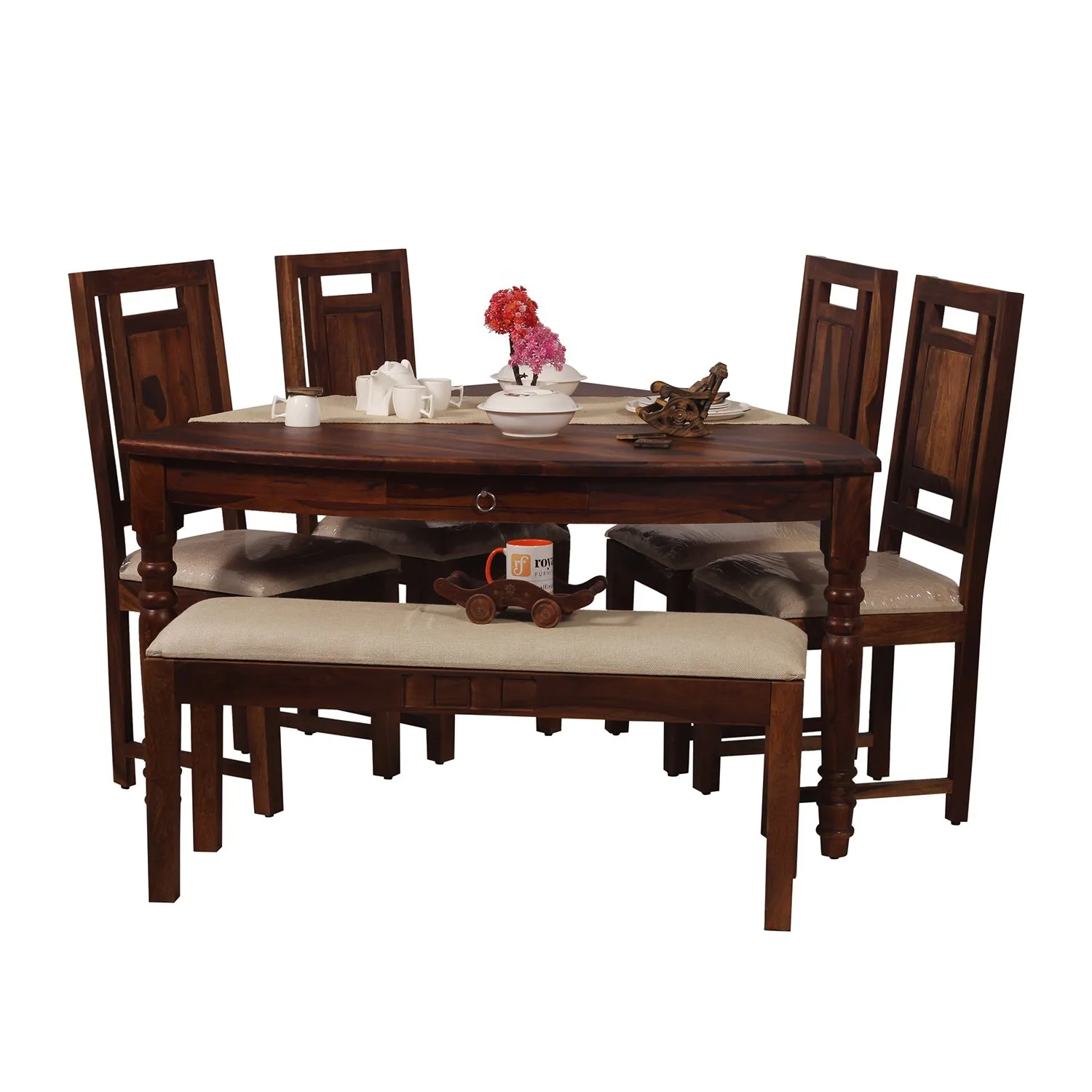Royal Finish Betel Quid Nivora 4 Chair & 1 Bench Dining Set in Natural Colour sheesham dining table image 6