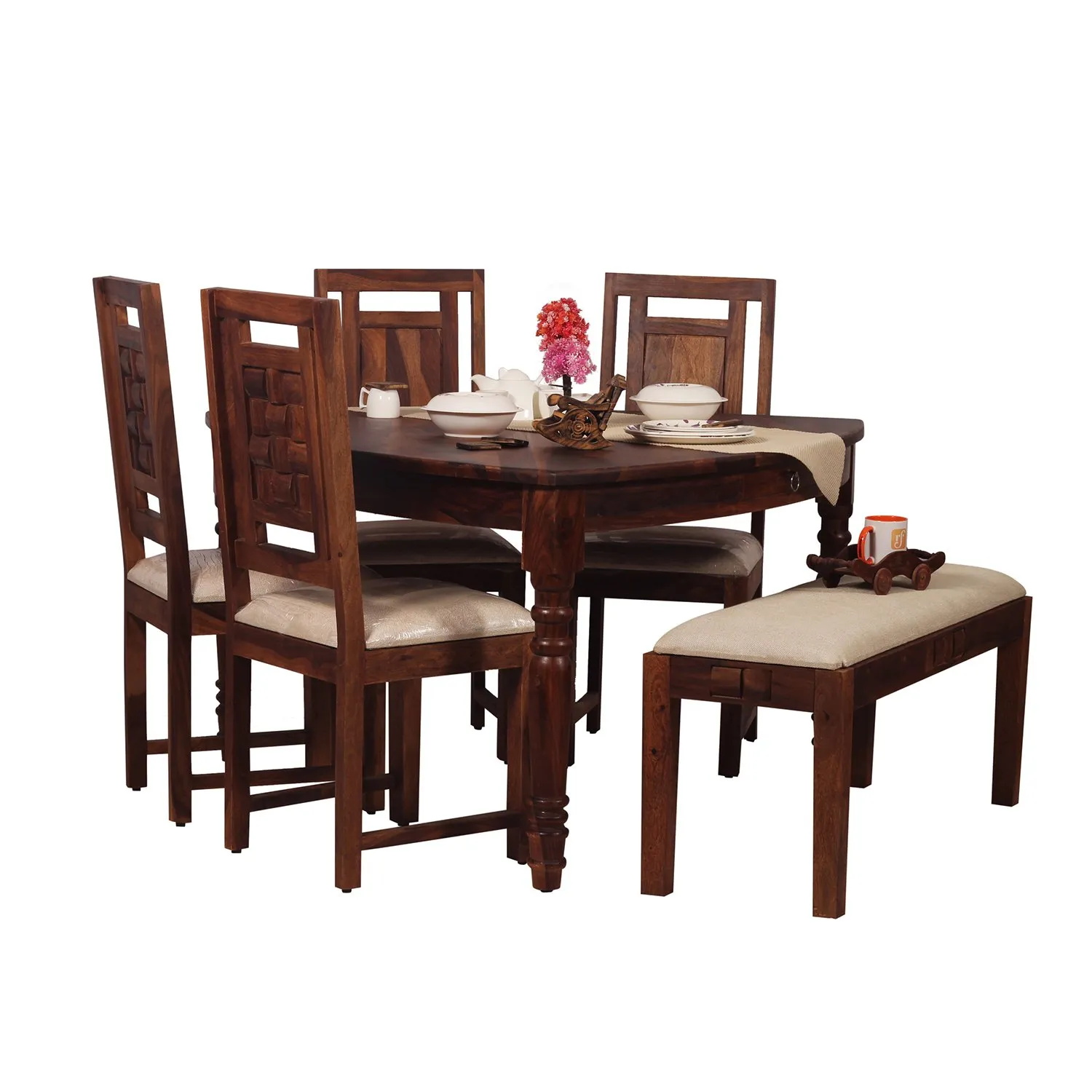 Royal Finish Betel Quid Nivora 4 Chair & 1 Bench Dining Set in Natural Colour sheesham dining table image 7