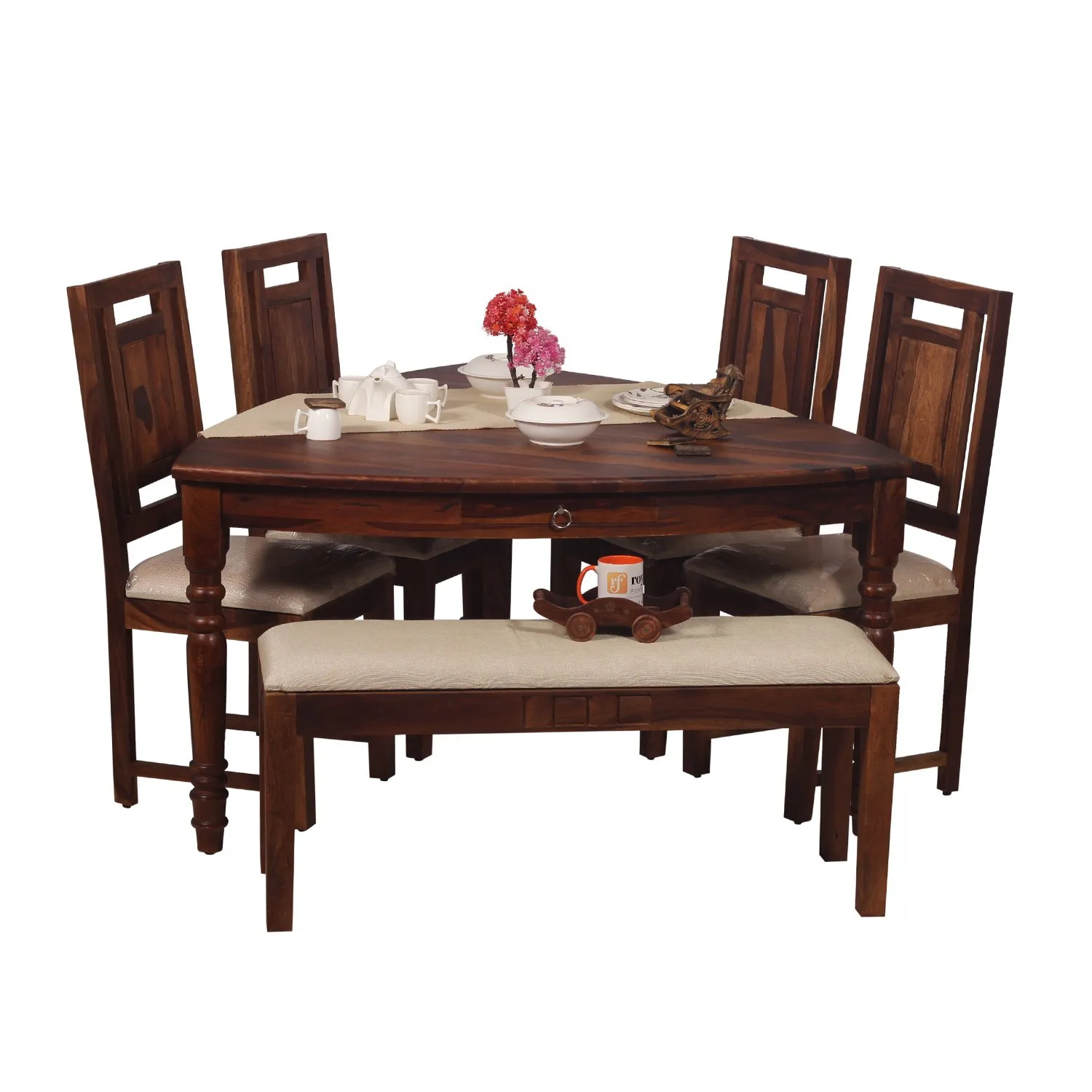 Royal Finish Betel Quid Nivora 4 Chair & 1 Bench Dining Set in Natural Colour sheesham dining table image 8
