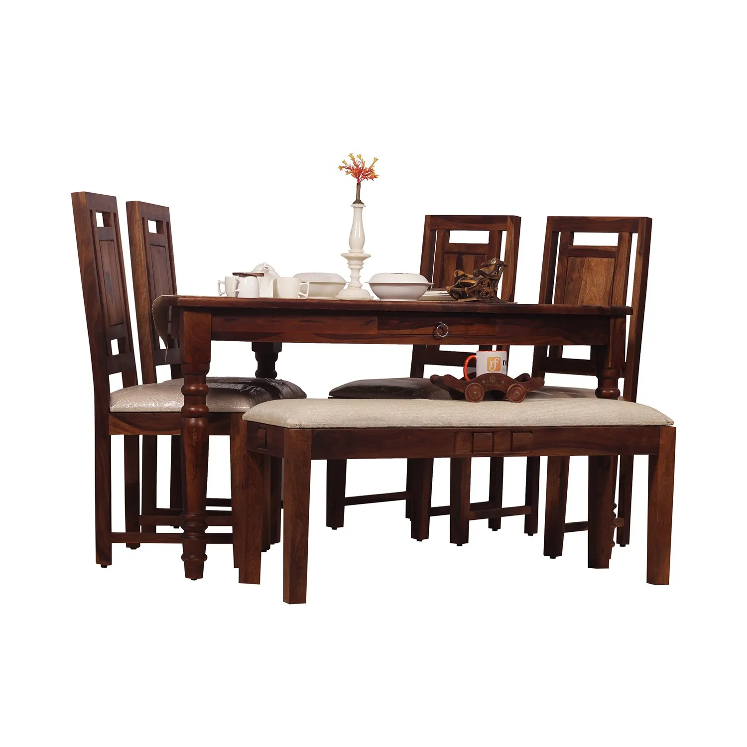 Royal Finish Betel Quid Nivora 4 Chair & 1 Bench Dining Set in Natural Colour sheesham dining table image 9