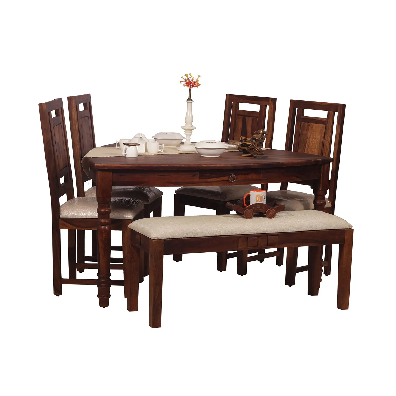Royal Finish Betel Quid Nivora 4 Chair & 1 Bench Dining Set in Natural Colour sheesham dining table image 10
