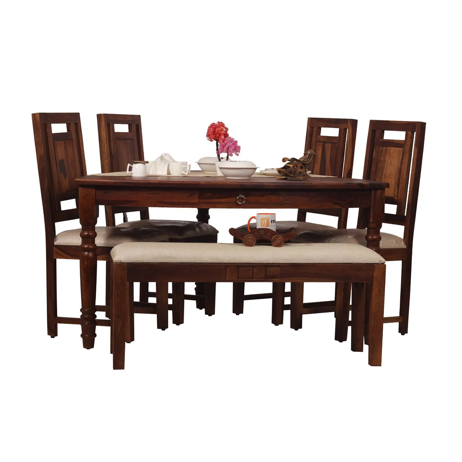 Royal Finish Betel Quid Nivora 4 Chair & 1 Bench Dining Set in Natural Colour sheesham dining table image 11